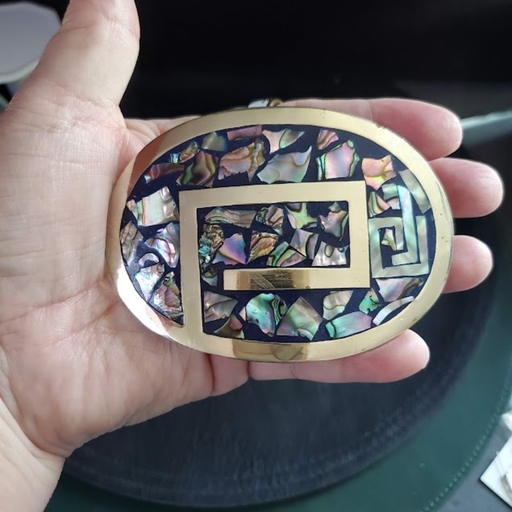 Vintage Mexico Abalone Shell Mosaic Belt Buckle Silver Tone Geometric Western